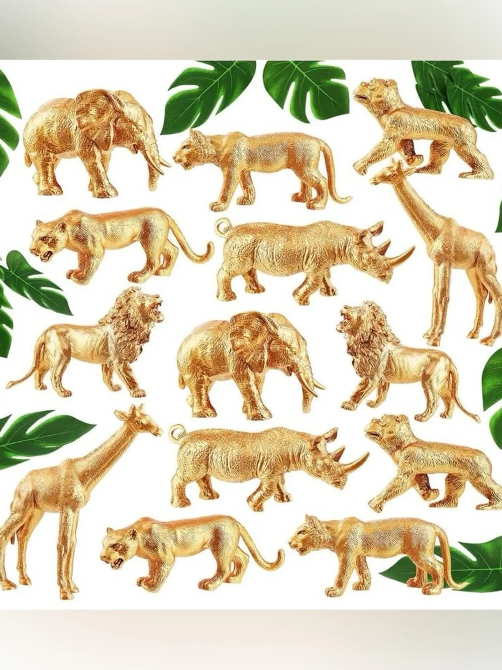 26 pc Gold Animals Safari Figures & Faux Tropical Palm Leaves Cake Topper